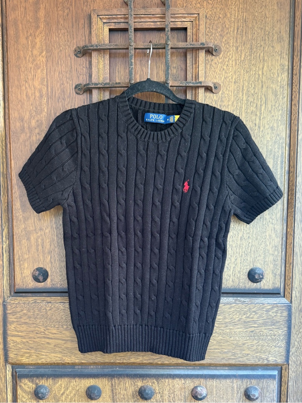 Polo Ralph Lauren Black Cable Knit Short-Sleeve Crewneck Sweater Size M